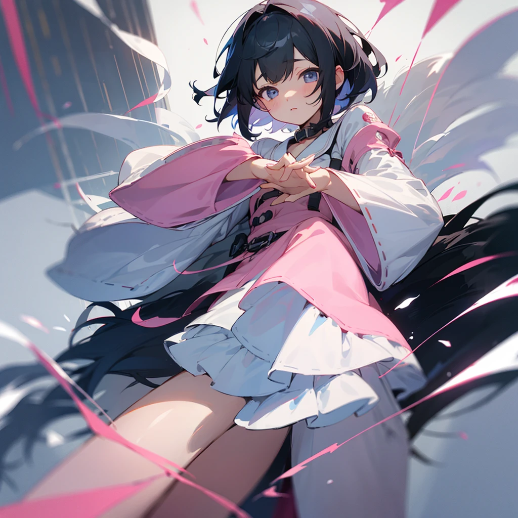 Girl、Black Hair、Light Pink、white collar、cute、Thin lines、Hands are hidden。Moe sleeves