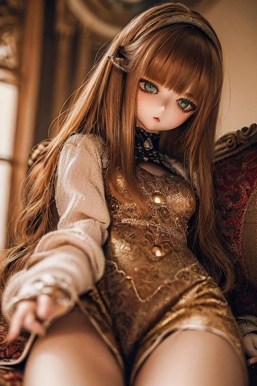 photorealistic, realistic photo, ((highest quality)), ((masterpiece)), detailed, kukolnydom, doll, (mature woman:1.6), solo, ((cowboy shot)), sitting on sofa, reclining on sofa, ((skinny, slender, slim)), green eyes, brown hair, parted lips, (looking down, blank eyes, empty eyes, detailed eyes:1.3), blouse, castle, 8k