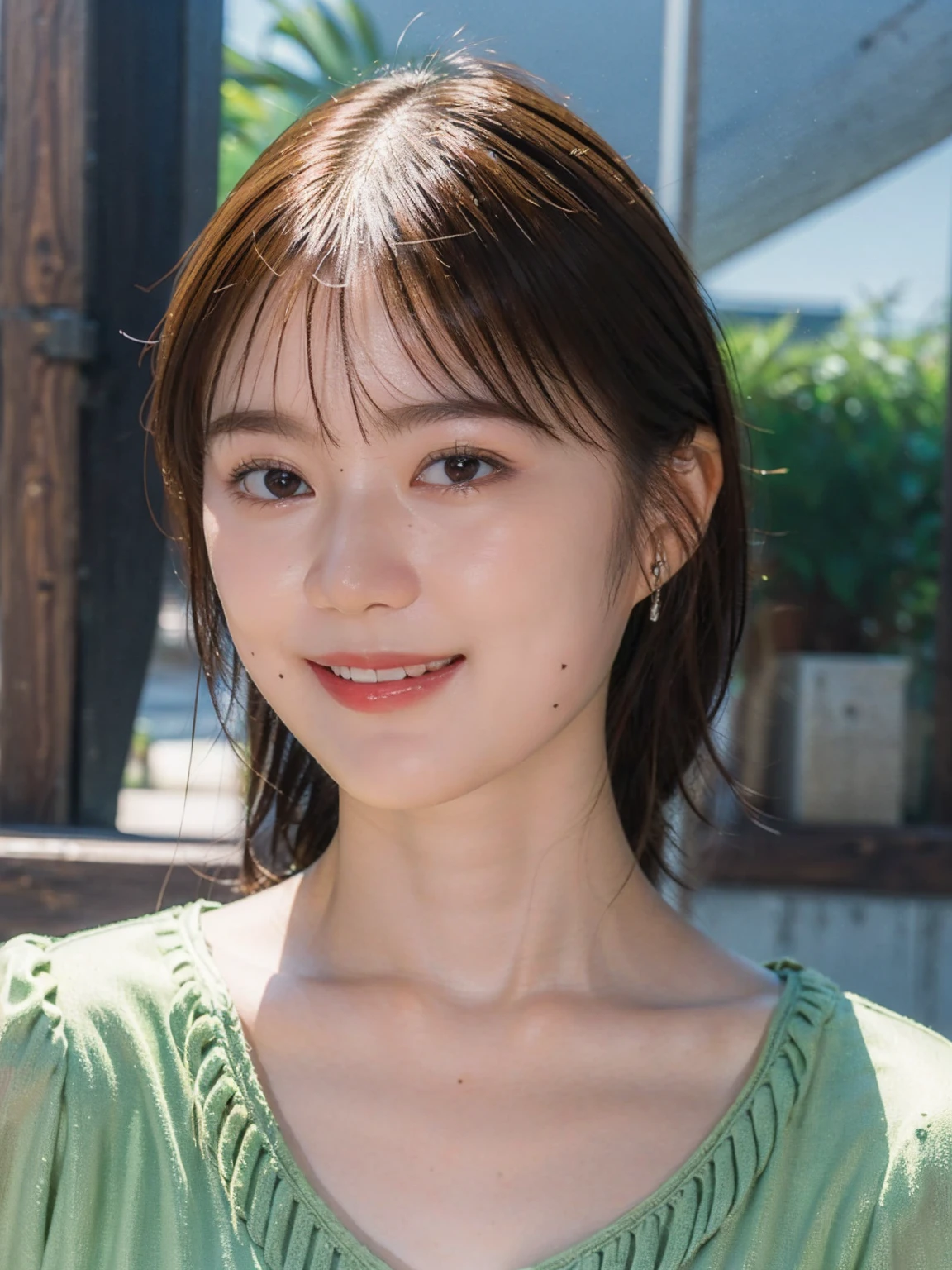 (masterpiece:1.3), (8K, Photorealsitic, Raw photography, Top image quality: 1.4), Japan high school girls、medium hair、cleavage of the breast:1.2、Super Detail Face、Eye of Detail、Bring your chest together、sharp focus:1.2、、light brown hair、top-quality、masterpiece、超A high resolution、(Photorealsitic:1.4)、Highly detailed and professional lighting smile、Loose and light knitwear、Shoulder out、slender、serious facial expression、medium-haired、Fatal position.