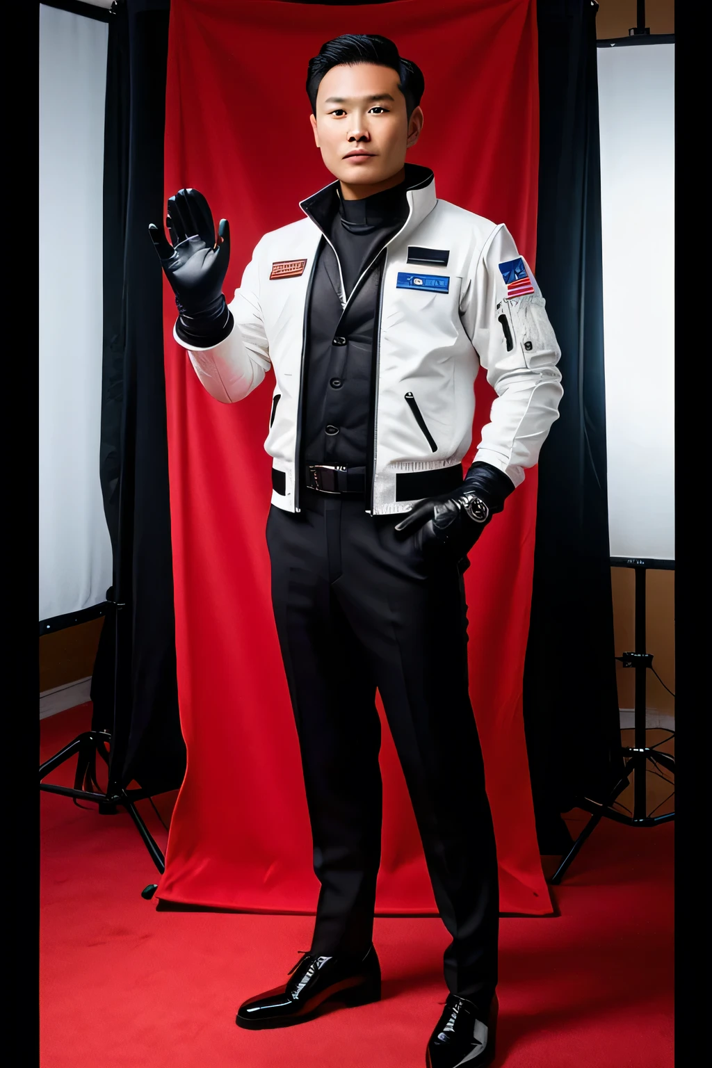 a 35 years old handsome Burmese man wears silver space suit,black gloves, black shoes.standing at 'MKZ' gold text with red background,he is selling jewelries,doing right tumb ups position by his gloved thumb at 'MKZ' jewelry live sales tvc shooting indoor studio.different styles, different looks.Hot attractive man style for commercial photos,ultra realistic photography for commercial photos.