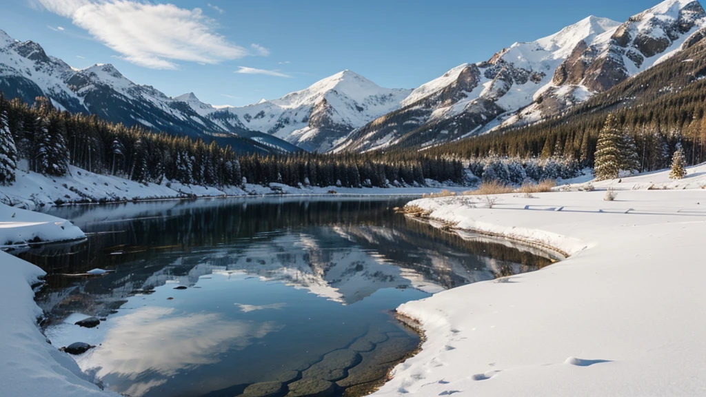 Snowy mountain view, the lake is very clear, 