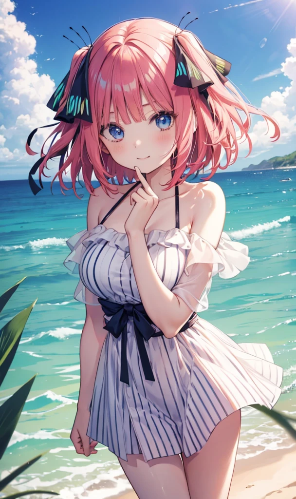 Nino Nakano is a character that appears in the anime "The Quintessential Quintuplets" 「The background is a sunny day at the sandy beach...」The eyes of this character are blue. My hairstyle is a bob cut with shockingpink color. This character is wearing a butterfly hair accessory. Please focus on this character. This character has a very lovely smile.high Quality. .. masterpiece,best quality,ultra detailed, My breast size is D cup. The background is a sunny day at the sandy beach. This character is wearing an off shoulder bikini. The off shoulder bikini has a pattern of Blue and White stripes.