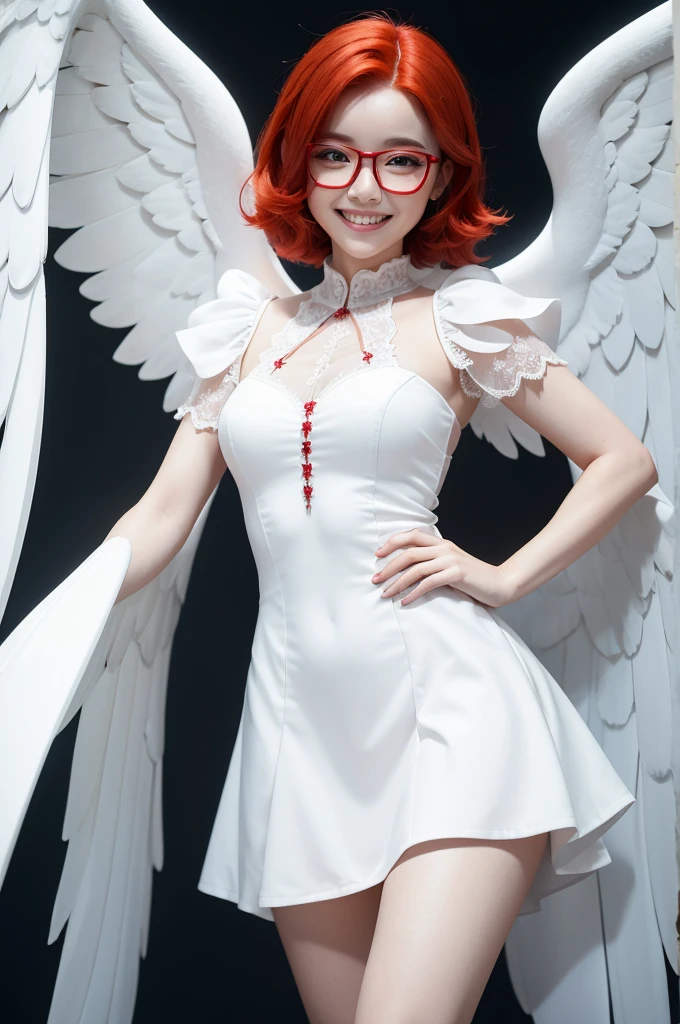 A funny-minded character with red hair and fair skin wearing a white dress with glasses with a smile and wings