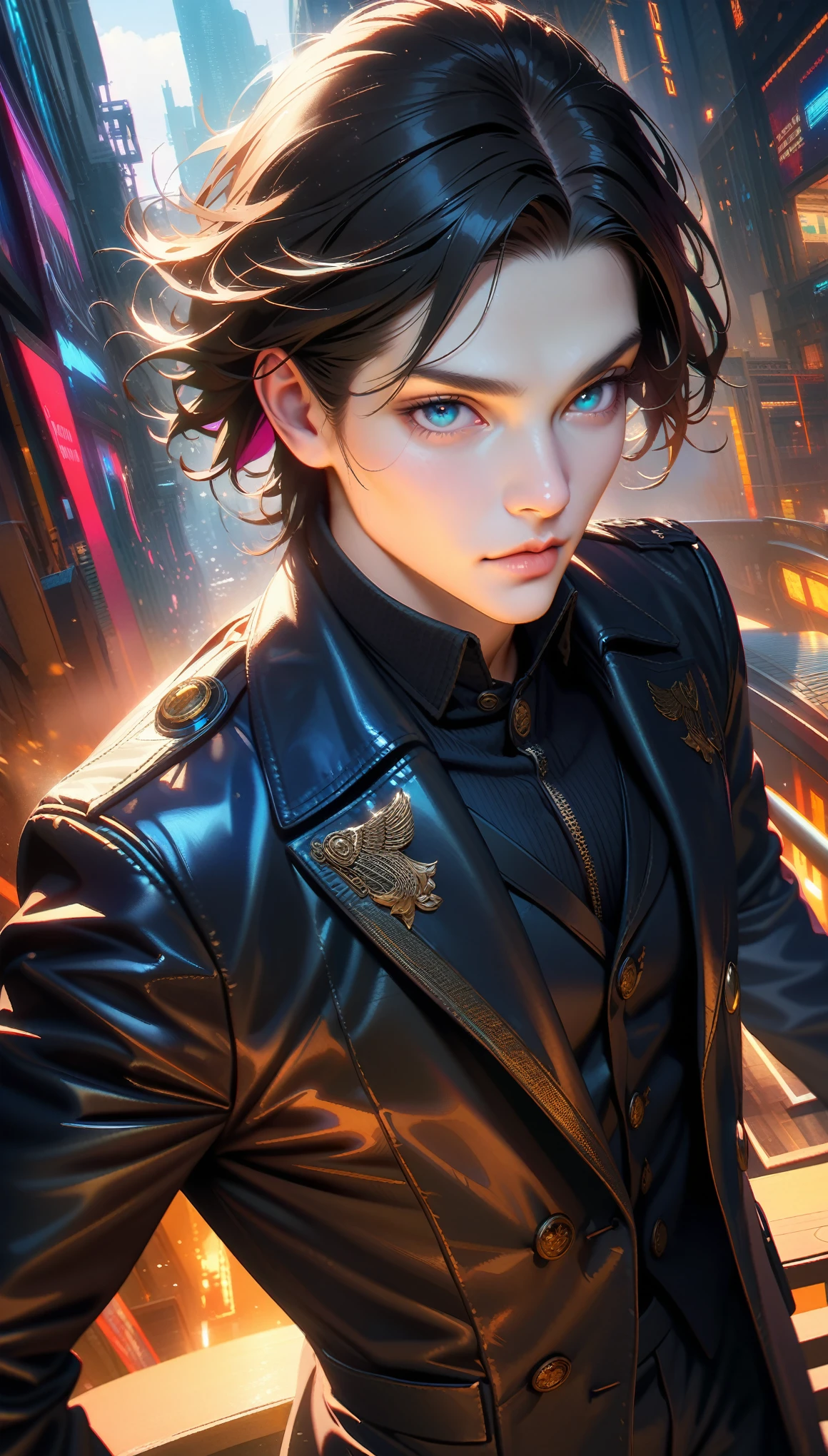 Masterpiece, Best Quality, Super Detailed, High Definition, Expensive Resolution, HDR, Masterpiece, Realistic, Depth, Fine Texture, Super Fine, Complete concentration, (very cool anime young man), handsome young man, Mysterious man, smart man, (Looking at the camera with cold eyes, Cold face and eyes), Arrogant demeanor, Arrogant face, high detail, gaze, Arrogant expensive eyes, aqua eyes, Pale white skin, ( black hair color, silver colored inner hair), (very Short disheveled hair), Tall and slim male body, (full detailed Black Trench Coat, shirt, black straight pant), bright and vibrant colors, high detailed eyes, extremely detailed eyes, vivid colors, professional, ultra-detailed, realistic, studio lighting, dynamic poses, future city, particles, black color schemes,