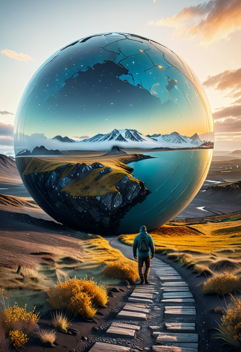 Hyperrealistic art iceland landscape with mustard and black stone patterns, starry night, a transparent big_sized hemisphere structure, really low opacity, lights coming from inside, glowing in the dark, mysterious, fog, man walking by in the distance, (((orange and teal colors))), hyper-detailed, CANON EOS 5D MARK IV. Extremely high-resolution details, photographic, realism pushed to extreme, fine texture, incredibly lifelike 

epic action, Unreal Engine, cinematic award winning artwork, many details, extreme detailed, full of details,Wide range of colors., dramatic, Dynamic,Cinematic,Sharp details, Insane quality. Insane resolution. Insane details. Masterpiece. 32k resolution. casting shadow style, cucoloris patterned illumination,  dvr-lnds-sdxl, ral-dissolve, ral-ertmsphr, ral-porcelain, ral-pxlprtcl, Niji, aidma-niji