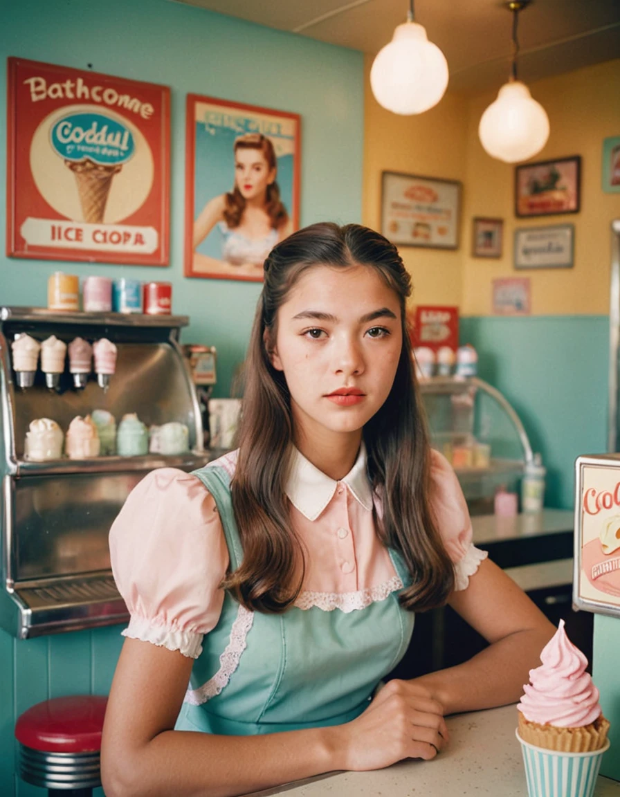 Portrait MagMix Girl looking at the camera, long hair, Bib dress, Retro style ice cream shop with pastel colored walls., Classic soda fountain counter, and vintage ice cream posters, Bathed in warm sunlight, analog film photography, Codachrome.
