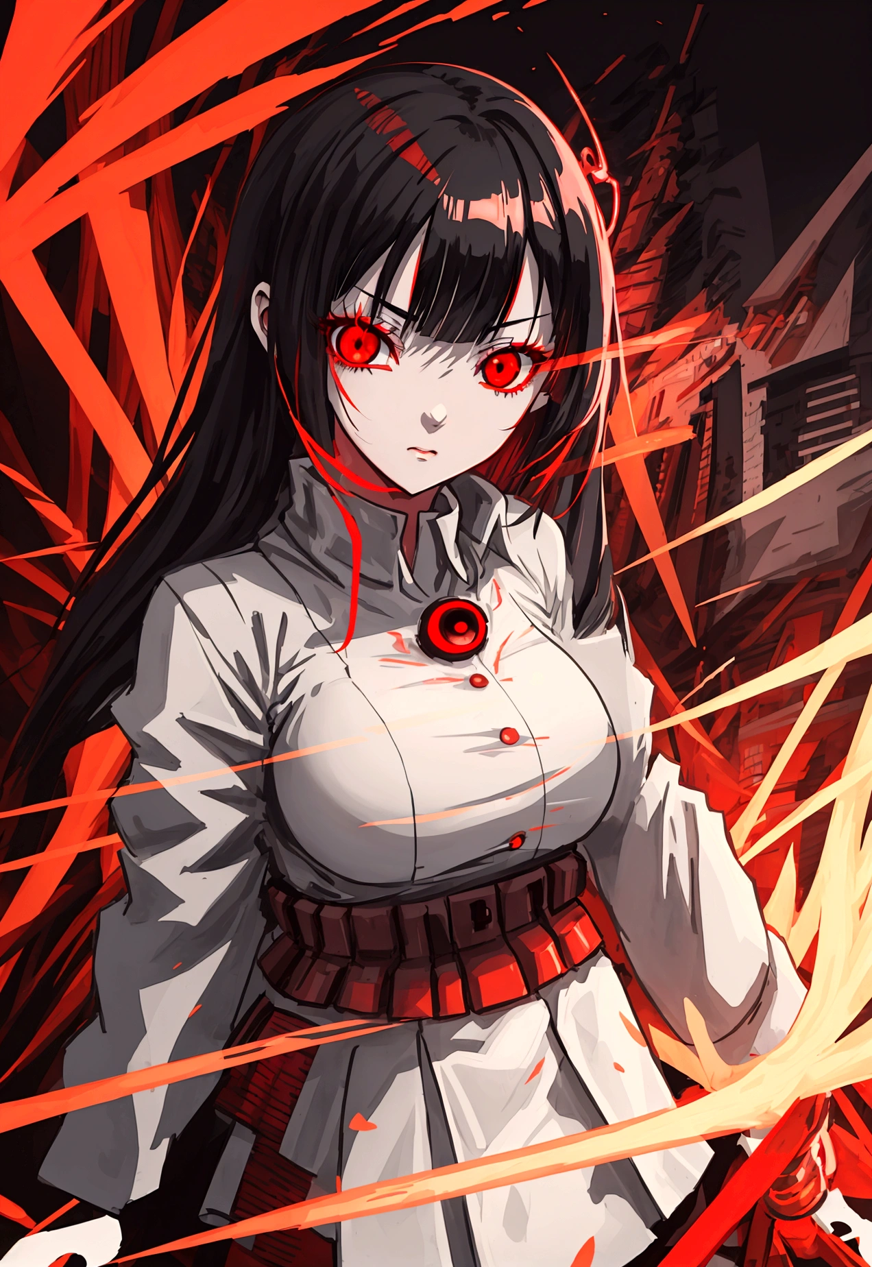 anime girl with red eyes and black hair in a city, with red glowing eyes, with glowing red eyes, anime cyberpunk art, detailed digital anime art, red eyes glowing, cyberpunk anime art, digital cyberpunk anime art, glowing red eyes, red glowing eyes, intense watery glowing red eyes, fully red eyes, luminous red eyes, with red eyes