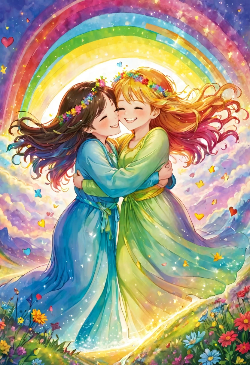 Angels hugging the earth and rejoicing, big rainbow colored light, happiness, smiles, love