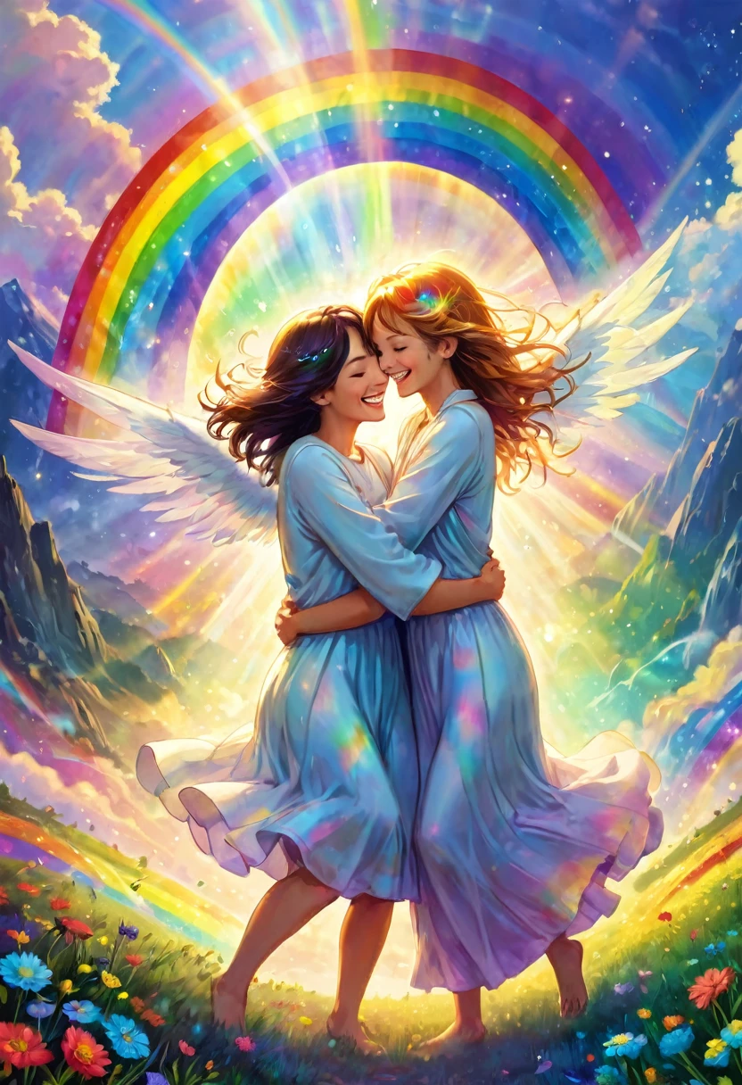 Angels hugging the earth and rejoicing, big rainbow colored light, happiness, smiles, love