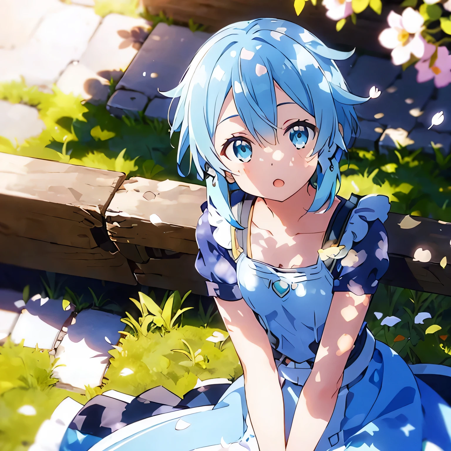 ((solo:1.2)),cute girl sitting on bench in garden,frilled dirndl,from above,looking up,cobblestone pavement,aqua hair,fine bob cut,(hair over one eye),(dappled sunlight:1.2),blurry,(depth of field:1.1),head tilt,:o,(petals),tree,butterfly,sinon1