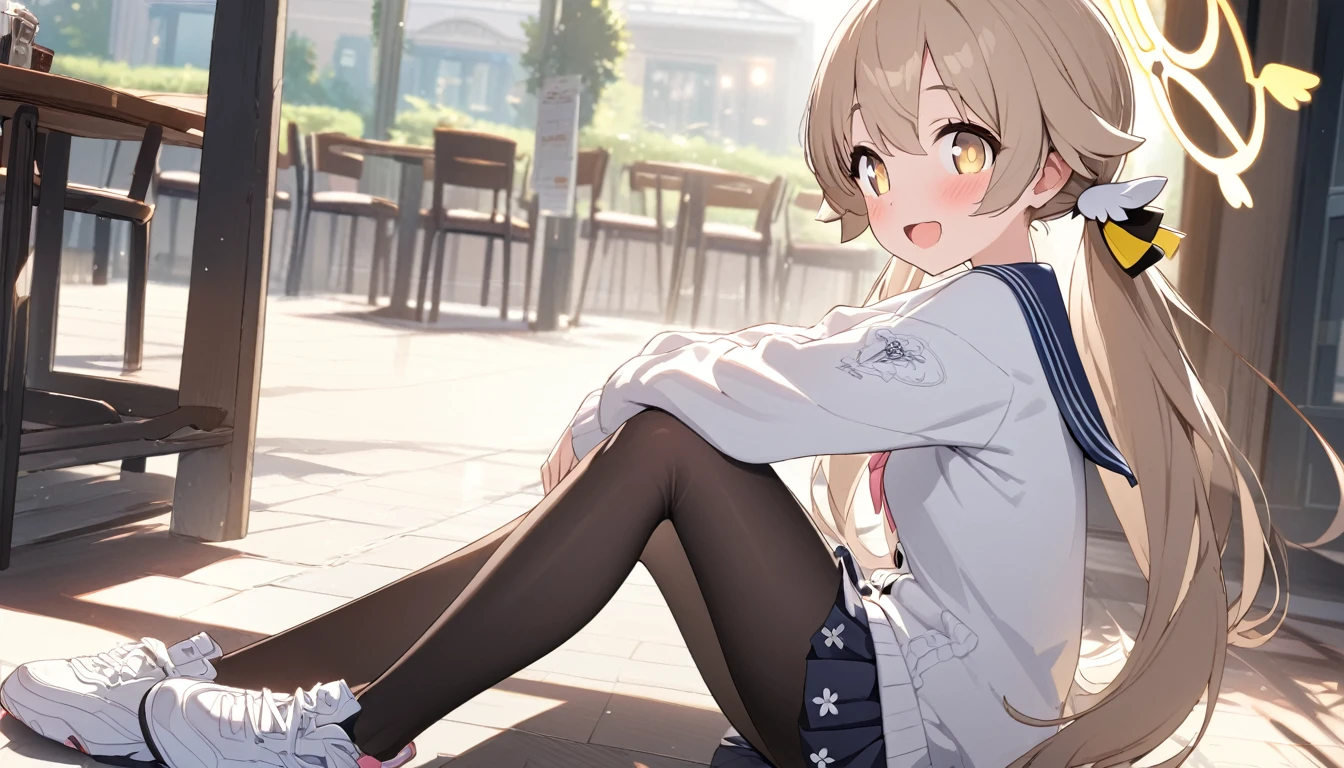 (((masterpiece))), (((best quality))), ((ultra-detailed)), (illustration), (detailed light), ((an extremely delicate and beautiful)), (beautiful detailed eyes), (sunlight), 1 girl, cafe, smile, sitting, from side, open mouth, blush, hifumi-default, hifumi \(blue archive\), yellow eyes, light brown hair, long hair, low twintails, halo, , blue sailor collar, white cardigan, pleated skirt, black pantyhose, sneakers