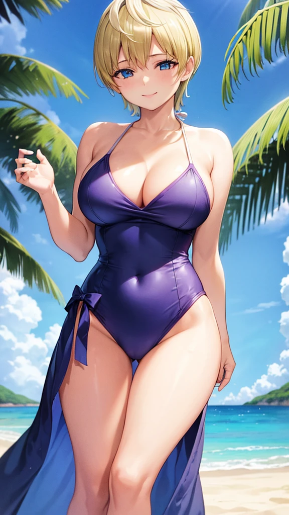 1girl, alone,Tenka izumo,masterpiece, best quality, absurdres, perfect anatomy, bikini, cleavage, standing, arms behind back, leaning forward, smile, outdoors, beach scene, big breasts, medium waist, wide hips, medium thighs, short hair, blonde hair, blue eyes