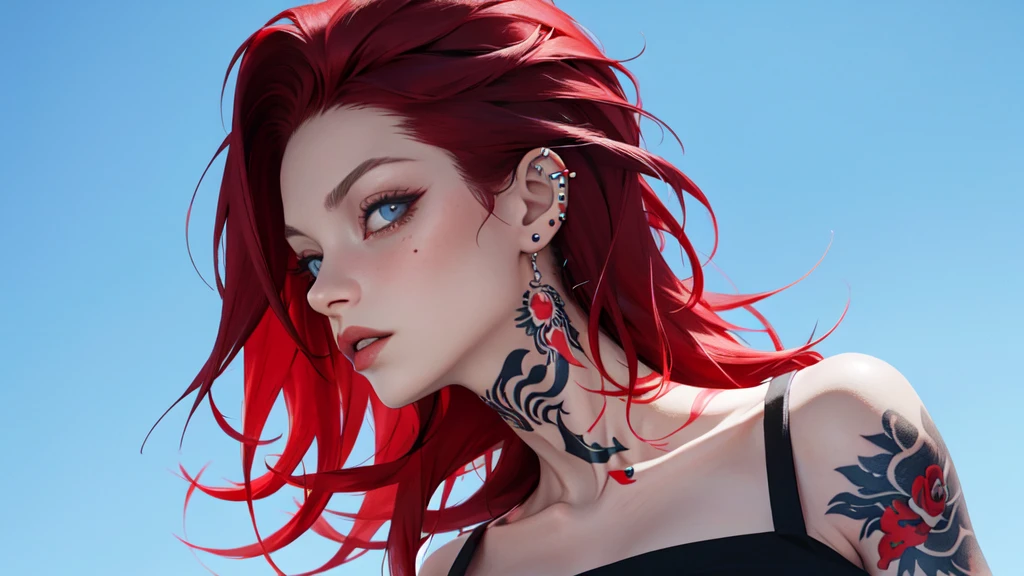 portrait blue sky background, woman with black and red hair, com tatuagem e piercing