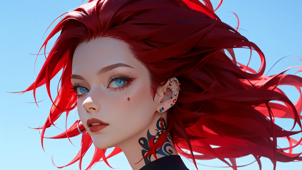 portrait blue sky background, woman with black and red hair, com tatuagem e piercing
