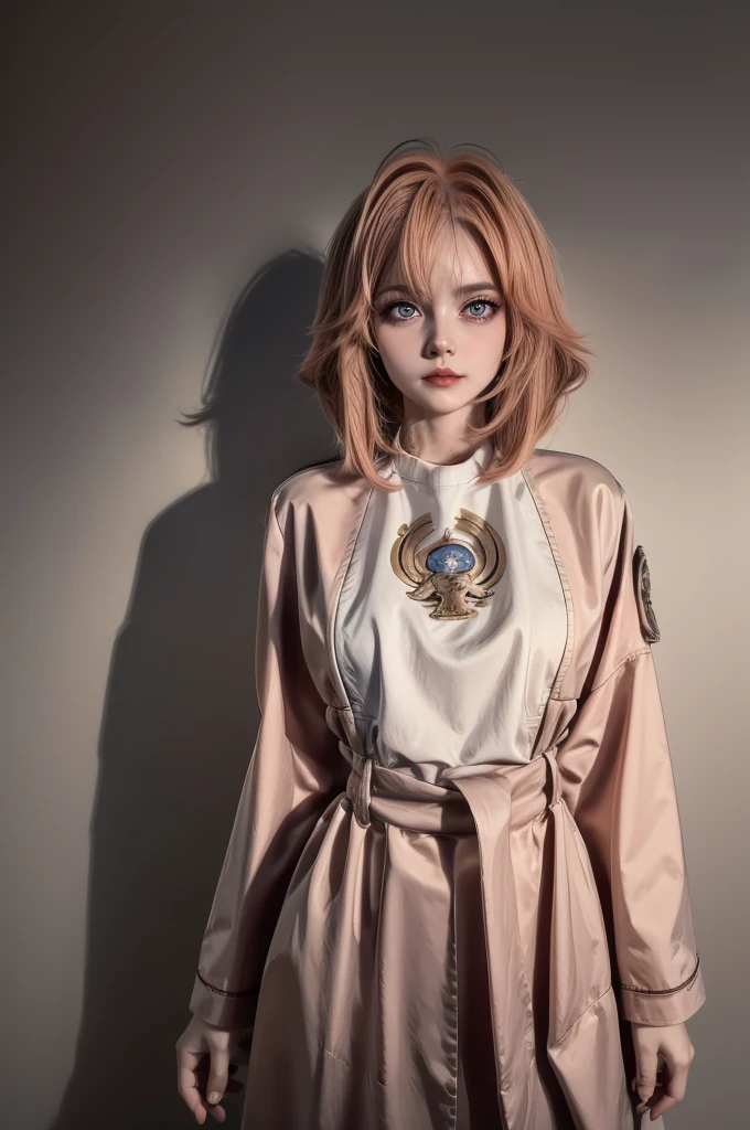 gally, Alita, handgun, battle angel Alita, 1 girl, standing alone, gazing at viewer, ssmile, shorth hair, bangss, chemise, hair blue, Eyes red, jaket, trunk, parted lips, clothes open, trench coat, black chemise, Naked, parody, Bob Cut, portraite, labtrench coat, retro artstyled, 1990s (styled), brown trench coat, anime coloring