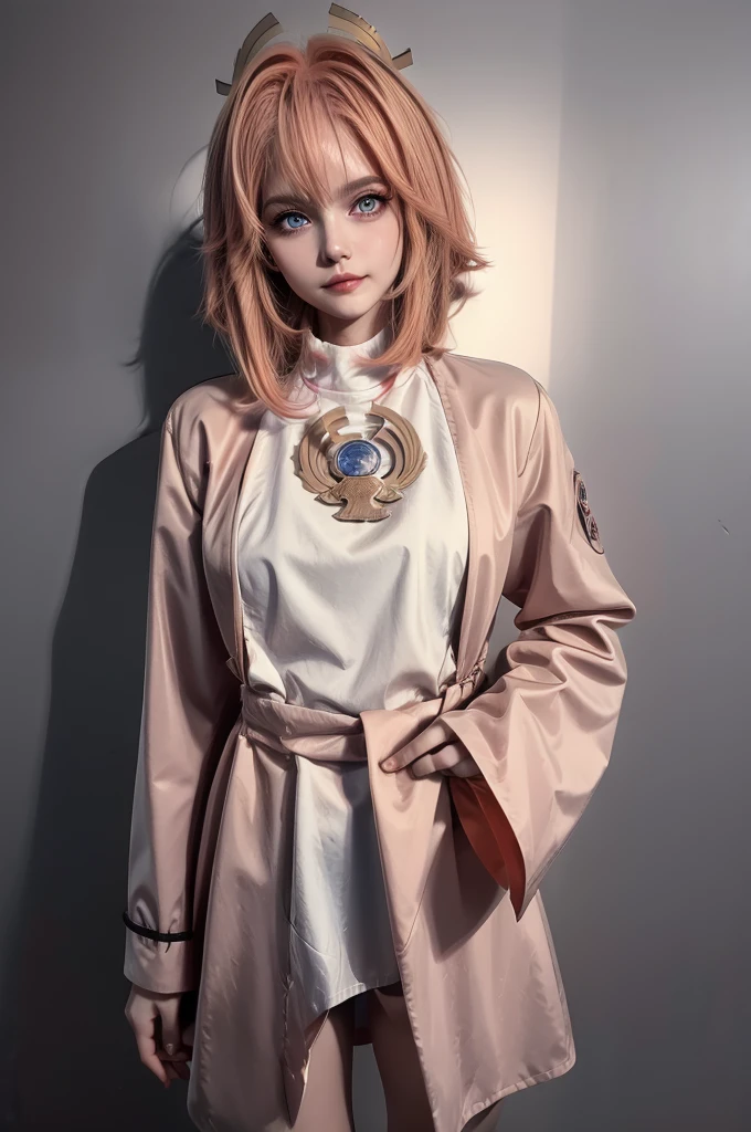 gally, Alita, handgun, battle angel Alita, 1 girl, standing alone, gazing at viewer, ssmile, shorth hair, bangss, chemise, hair blue, Eyes red, jaket, trunk, parted lips, clothes open, trench coat, black chemise, Naked, parody, Bob Cut, portraite, labtrench coat, retro artstyled, 1990s (styled), brown trench coat, anime coloring