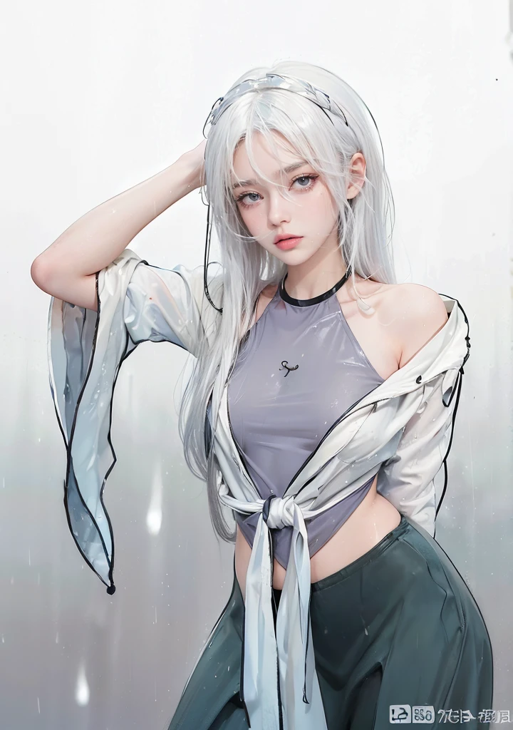 female, ((masterpiece, best quality, ultra detailed, absurdres), solo, white hair, rain