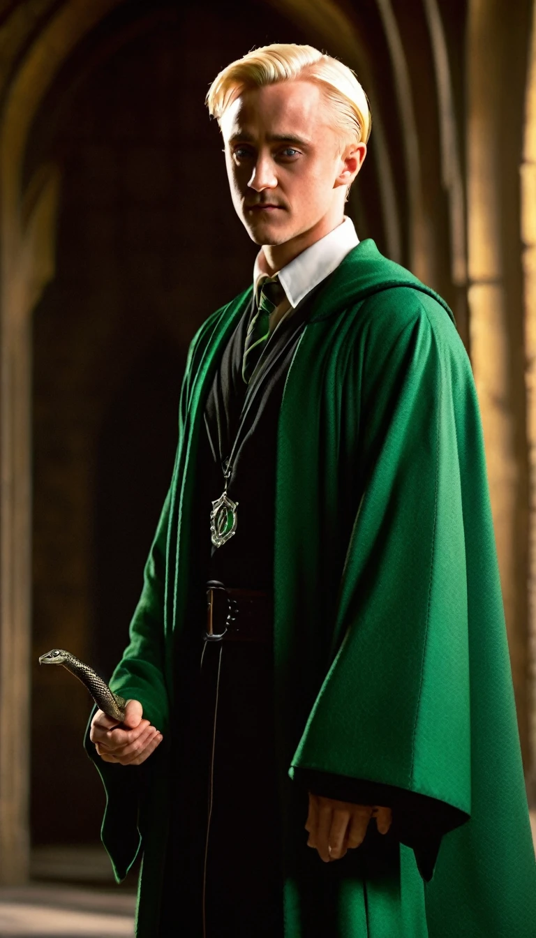 [
    "(best quality,4k,8k,highres,masterpiece:1.2),ultra-detailed,(realistic,photorealistic,photo-realistic:1.37)",
    "Draco Lúcio Malfoy standing in the Hogwarts courtyard",
    "Beautiful detailed grey eyes, slicked back platinum blond hair",
    "Wearing the Slytherin house robe with a silver snake emblem",
    "Confident and arrogant expression on his face",
    "Subtle smirk on his lips showing a hint of mischief",
    "Surrounded by an aura of sophistication and wealth", Tom Felton
    "Crisp morning sunlight casting dramatic shadows on his features",
    "(concept artists) style with vibrant colors and strong contrasts",
    "The background filled with the iconic architecture of Hogwarts Castle",
    "Lush greenery of the courtyard contrasting with the cold stone walls",
    "Soft glowing light illuminating the scene, creating an ethereal atmosphere",
    "A magical wand held firmly in his hand, emitting a faint glow",
    "Attention to detail in capturing the textures of his robes and hair",
    "Captivating and engaging gaze, demanding attention",
    "Dramatic composition with a slight Dutch angle",
    "Hints of mystery and ambition in his posture and expression",
    "(horcruxes) subtly hidden throughout the scene, symbolizing his dark path",
    "Overall, an enchanting and captivating portrayal of Draco Malfoy"
]