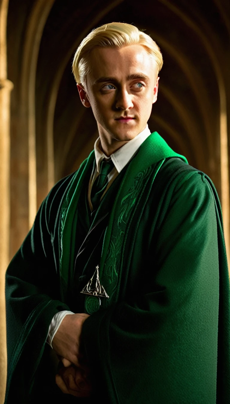 [
    "(best quality,4k,8k,highres,masterpiece:1.2),ultra-detailed,(realistic,photorealistic,photo-realistic:1.37)",
    "Draco Lúcio Malfoy standing in the Hogwarts courtyard",
    "Beautiful detailed grey eyes, slicked back platinum blond hair",
    "Wearing the Slytherin house robe with a silver snake emblem",
    "Confident and arrogant expression on his face",
    "Subtle smirk on his lips showing a hint of mischief",
    "Surrounded by an aura of sophistication and wealth", Tom Felton
    "Crisp morning sunlight casting dramatic shadows on his features",
    "(concept artists) style with vibrant colors and strong contrasts",
    "The background filled with the iconic architecture of Hogwarts Castle",
    "Lush greenery of the courtyard contrasting with the cold stone walls",
    "Soft glowing light illuminating the scene, creating an ethereal atmosphere",
    "A magical wand held firmly in his hand, emitting a faint glow",
    "Attention to detail in capturing the textures of his robes and hair",
    "Captivating and engaging gaze, demanding attention",
    "Dramatic composition with a slight Dutch angle",
    "Hints of mystery and ambition in his posture and expression",
    "(horcruxes) subtly hidden throughout the scene, symbolizing his dark path",
    "Overall, an enchanting and captivating portrayal of Draco Malfoy"
]