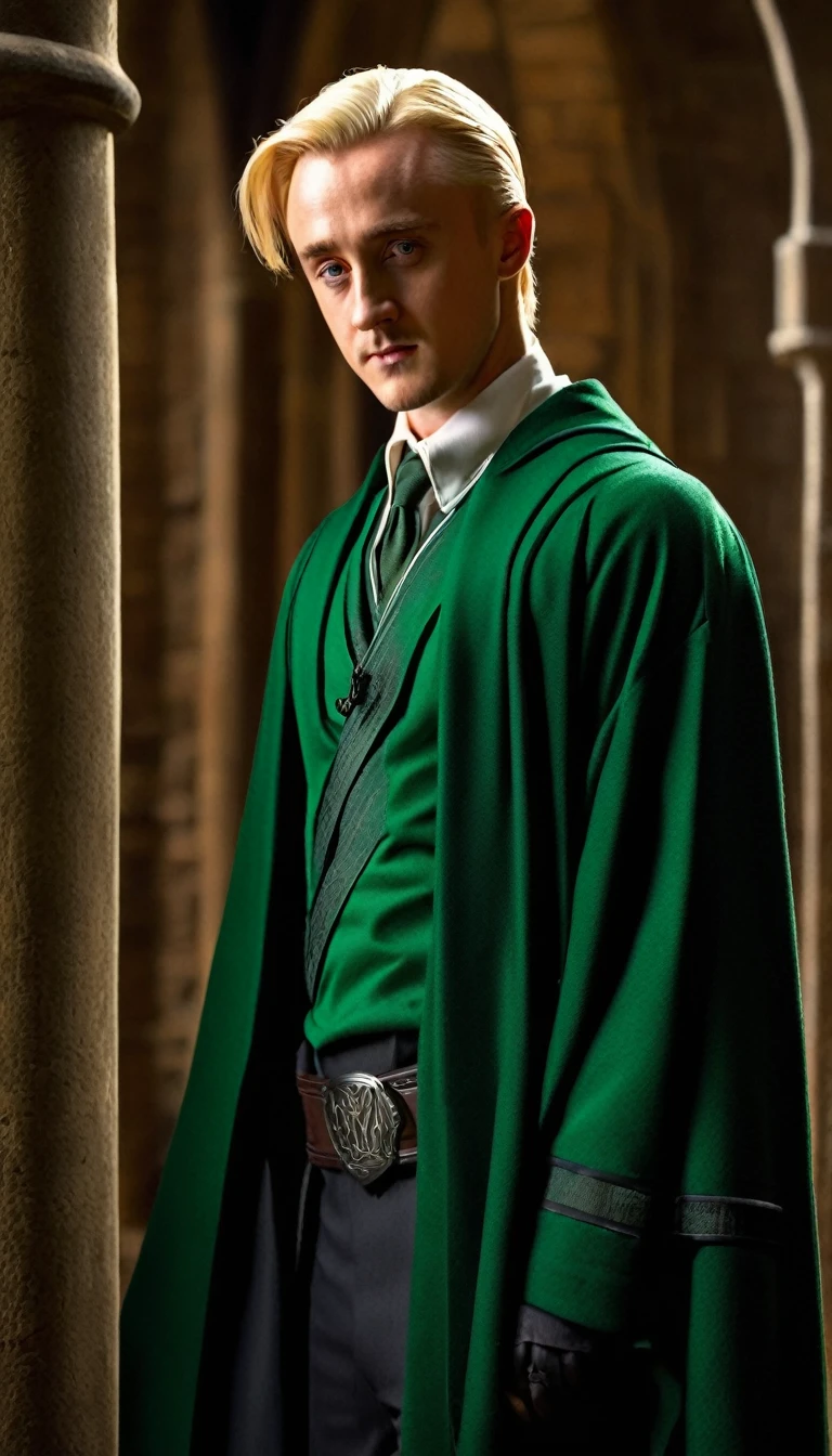 [
    "(best quality,4k,8k,highres,masterpiece:1.2),ultra-detailed,(realistic,photorealistic,photo-realistic:1.37)",
    "Draco Lúcio Malfoy standing in the Hogwarts courtyard",
    "Beautiful detailed grey eyes, slicked back platinum blond hair",
    "Wearing the Slytherin house robe with a silver snake emblem",
    "Confident and arrogant expression on his face",
    "Subtle smirk on his lips showing a hint of mischief",
    "Surrounded by an aura of sophistication and wealth", Tom Felton
    "Crisp morning sunlight casting dramatic shadows on his features",
    "(concept artists) style with vibrant colors and strong contrasts",
    "The background filled with the iconic architecture of Hogwarts Castle",
    "Lush greenery of the courtyard contrasting with the cold stone walls",
    "Soft glowing light illuminating the scene, creating an ethereal atmosphere",
    "A magical wand held firmly in his hand, emitting a faint glow",
    "Attention to detail in capturing the textures of his robes and hair",
    "Captivating and engaging gaze, demanding attention",
    "Dramatic composition with a slight Dutch angle",
    "Hints of mystery and ambition in his posture and expression",
    "(horcruxes) subtly hidden throughout the scene, symbolizing his dark path",
    "Overall, an enchanting and captivating portrayal of Draco Malfoy"
]