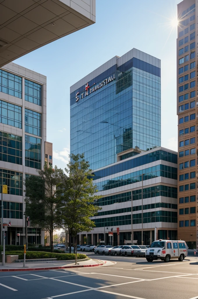 Panel 1: Wide Shot of Hospital BuildingForeground: The bustling street activity dominates the foreground, showcasing pedestrians walking briskly, a couple of parked cars, and a busy crosswalk.Midground: The hospital entrance is prominently displayed on the right side of the panel, with sliding glass doors and people entering and exiting. A sign above the entrance reads "St. Mary's Hospital."Background: The hospital building rises prominently against the skyline, with several floors visible through large windows. The architecture suggests a modern medical facility, blending seamlessly with the urban environment.Atmosphere: The scene conveys a sense of urgency and activity typical of a busy urban hospital, with ambulances and taxis passing by, and medical staff in scrubs moving purposefully.