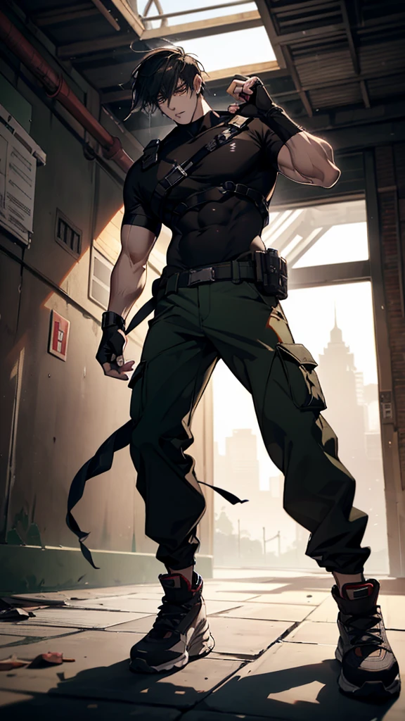 A strong and athletic man named Xiang Long is inside a modern, abandoned building, suited for a survival game. He is dressed in a tactical workout outfit consisting of a fitted, moisture-wicking shirt and durable cargo pants that allow for maximum movement. His shoes are rugged and designed for agility. Xiang Long's hair is styled for practicality, and he wears fingerless gloves for a better grip. He has a utility belt equipped with survival tools and a determined expression on his face. The background features a dimly lit hallway with flickering lights, broken windows, and scattered debris, creating a sense of imminent danger. Xiang Long looks ready and alert, prepared to tackle any challenge in this high-stakes environment