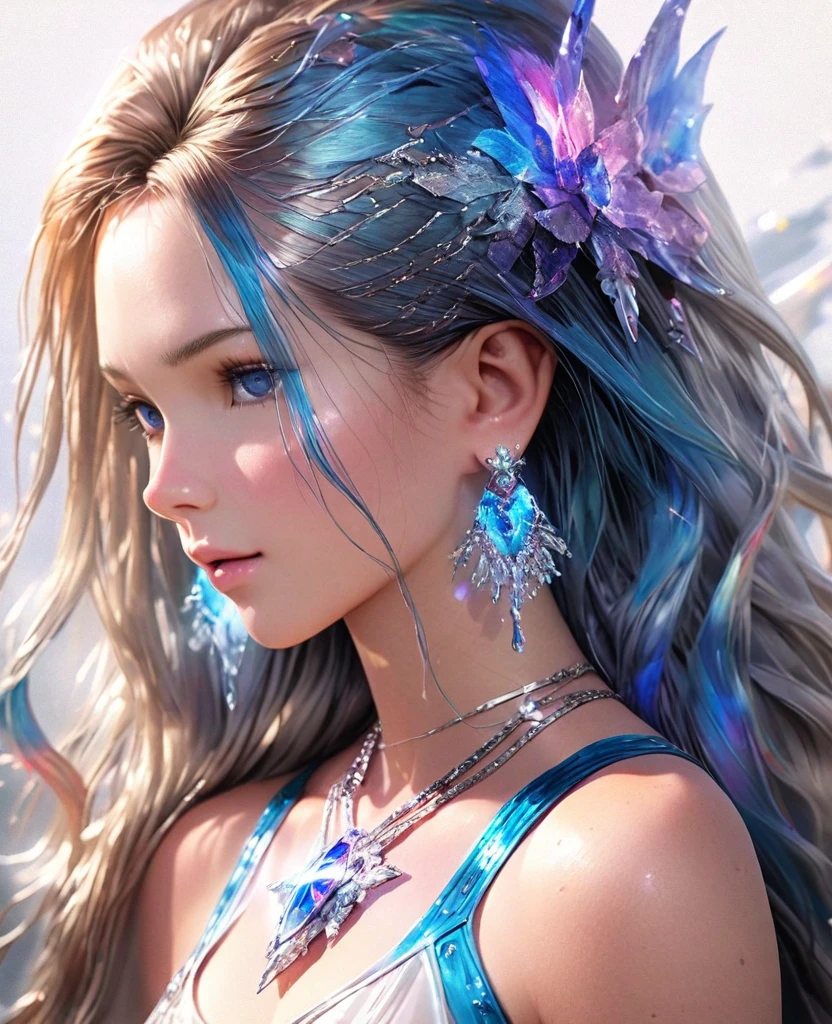 photorealistic,8K,gal,an extremely delicate and beautiful,Beautiful and realistic skin,Shiny jewel-like earrings,glowing tattoo,Long colerful hair,blue eyes,whole body,サマーフェス,キラキラ光るキャミソール
