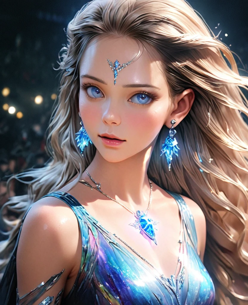 photorealistic,8K,gal,an extremely delicate and beautiful,Beautiful and realistic skin,Shiny jewel-like earrings,glowing tattoo,Long colerful hair,blue eyes,whole body,サマーフェス,キラキラ光るキャミソール