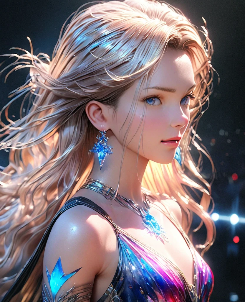 photorealistic,8K,gal,an extremely delicate and beautiful,Beautiful and realistic skin,Shiny jewel-like earrings,glowing tattoo,Long colerful hair,blue eyes,whole body,サマーフェス,キラキラ光るキャミソール