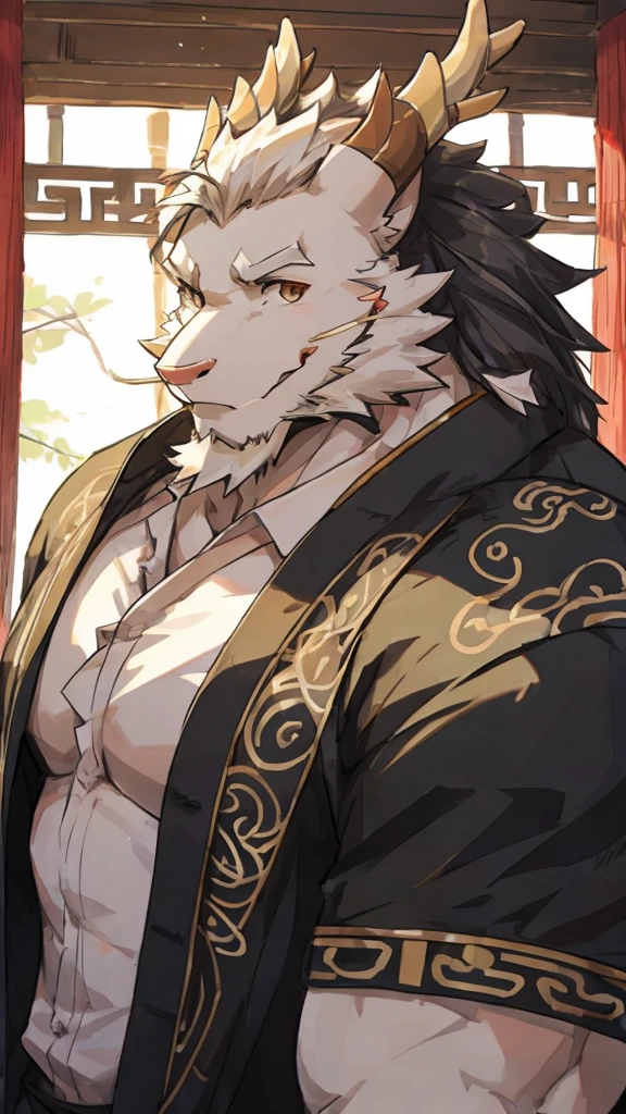 (white eastern dragon),furry,white mustache,big pecs,hearty males,muscular,black imperial robe,adult,traditional_chinese_room,head portrait