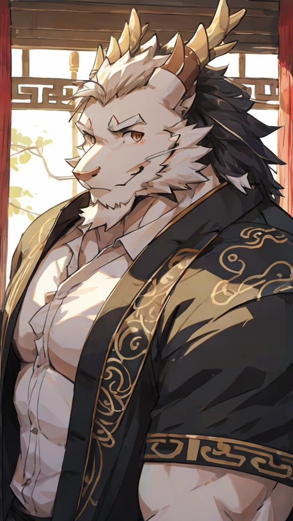 (white eastern dragon),furry,white mustache,big pecs,hearty males,muscular,black imperial robe,adult,traditional_chinese_room，head portrait