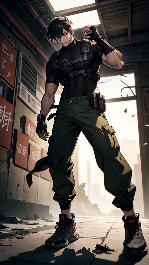 A strong and athletic man named Xiang Long is inside a modern, abandoned building, suited for a survival game. He is dressed in a tactical workout outfit consisting of a fitted, moisture-wicking shirt and durable cargo pants that allow for maximum movement. His shoes are rugged and designed for agility. Xiang Long's hair is styled for practicality, and he wears fingerless gloves for a better grip. He has a utility belt equipped with survival tools and a determined expression on his face. The background features a dimly lit hallway with flickering lights, broken windows, and scattered debris, creating a sense of imminent danger. Xiang Long looks ready and alert, prepared to tackle any challenge in this high-stakes environment