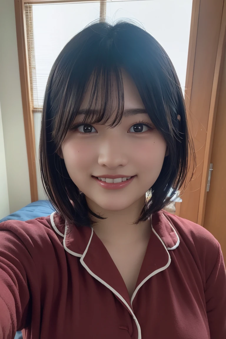 (8K, RAW Photos, Highest quality, High resolution: 1.1), (ultra Realistic: 1.4), (Realistic, Realistic: 1.3), The Beauty of Japan, pajamas, ((Upper Body: 1.3)) High resolution, Realistic image of a Japanese woman with short hair, She has big breasts and red cheeks, Look at that, smile She looks at it, smile, While taking a selfie. Her smartphone is close to her face. She appears to be live streaming from her home., Spread on the bed, With a blanket over my chest.night