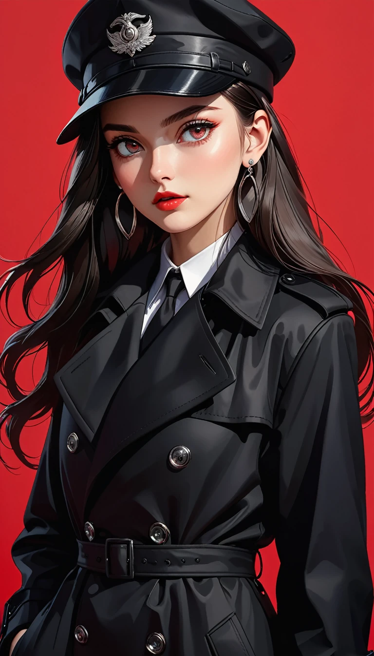 (masterpiece,high quality,8K).beautiful girl,Skin details,Bright Eyes,Straight long hair,Peaked Cap,Exaggerated earrings,Unique,Staring at the audience),(Black trench coat suit:1.37)。Light and Shadow,Clean and simple red background