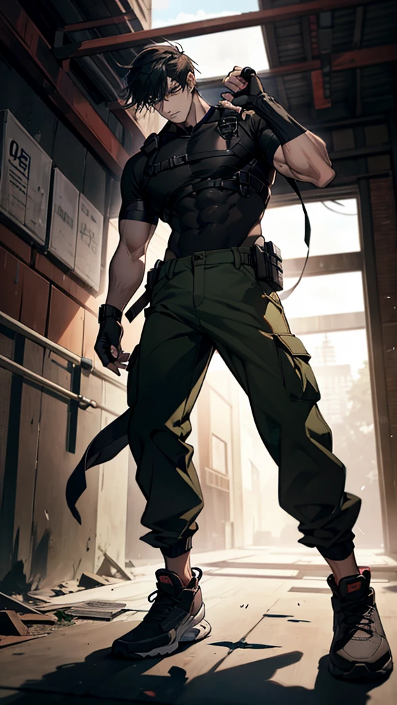 A strong and athletic man named Xiang Long is inside a modern, abandoned building, suited for a survival game. He is dressed in a tactical workout outfit consisting of a fitted, moisture-wicking shirt and durable cargo pants that allow for maximum movement. His shoes are rugged and designed for agility. Xiang Long's hair is styled for practicality, and he wears fingerless gloves for a better grip. He has a utility belt equipped with survival tools and a determined expression on his face. The background features a dimly lit hallway with flickering lights, broken windows, and scattered debris, creating a sense of imminent danger. Xiang Long looks ready and alert, prepared to tackle any challenge in this high-stakes environment
