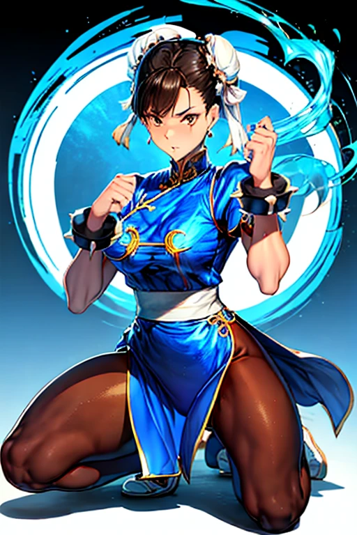 Chun-Li from Street Fight II,Chun-Li Costume,Blue Chinese dress with gold lines,Bunhead、Highest quality, 超High resolution、(High resolution)、(8K)、(Very detailed),Diagonal bangs、masterpiece, Highest quality, masterpiece, Highest quality,  Bad move -5, alone, 1 Girl,  Brown Hair, From SF2,  Muscular woman, Blue clothes, pantyhose, Pelvic Curtain, Puff short sleeves,Standing position -.
(Both hands tied with thick rope。)
(((On one knee。)))
(((pantyhoseは切り刻まれている。)))
The blue cheongsam is cut into pieces。
Her breasts are peeking out from the crack。
((Bleeding from arms or legs。))
Crippling。
You are under attack by an enemy。
I&#39;m somehow maintaining my posture。If he gets hit with another blow, he will surely die.。
Enduring the pain。