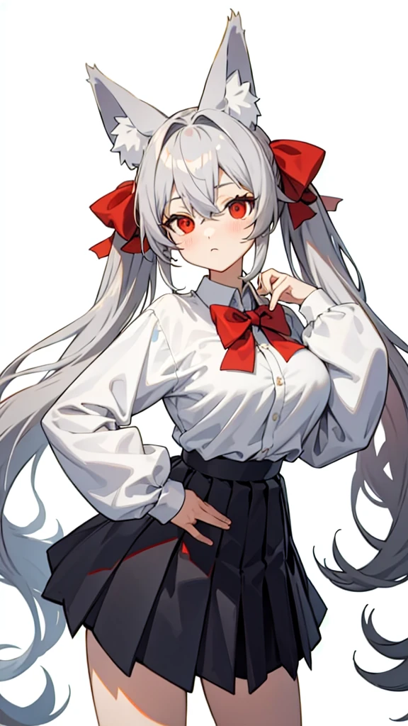 {{Masterpiece}},bestquality, highres, highquality,1girl,grey hair, long hair, twintails, bangs, hair between eyes, animal ears, fox ears, animal ear fluff, red eyes, tail, fox tail, virtual youtuber,grey hair, long hair, twintails, bangs, hair between eyes, animal ears, fox ears, animal ear fluff, red eyes, tail, fox tail, virtual youtuber, shirt, white shirt, long sleeves, sleeves past wrists, bow, hair bow, red bow, ribbon, skirt, pleated skirt, black skirt,milfication, mature female, gigantic breasts