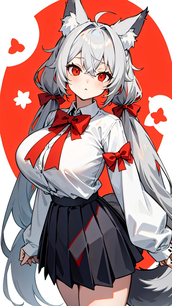 {{Masterpiece}},bestquality, highres, highquality,1girl,grey hair, long hair, twintails, bangs, hair between eyes, animal ears, fox ears, animal ear fluff, red eyes, tail, fox tail, virtual youtuber,grey hair, long hair, twintails, bangs, hair between eyes, animal ears, fox ears, animal ear fluff, red eyes, tail, fox tail, virtual youtuber, shirt, white shirt, long sleeves, sleeves past wrists, bow, hair bow, red bow, ribbon, skirt, pleated skirt, black skirt,milfication, mature female, gigantic breasts
