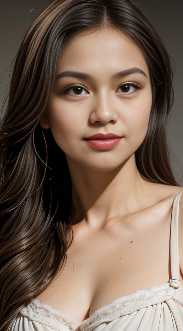 masterpiece, best quality,facing viewer, upper body,middle age female,Greek goddess's demeanor, melon seed face, ((slender eyes)), mole under eye,brown eyeballs, thin lips, blonde hair, very long hair, closed mouth and smile, self-portrait, Simple background,white dress,