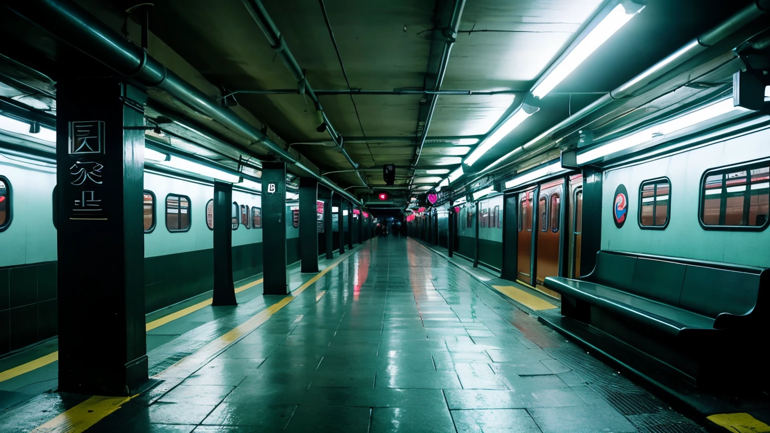 Eerie Vivid images of underground subway in the night, shots for a music video of sensual Korean lo-fi track, after-hours dark pop/raw folk beats, ethereal female vocal hooks, subtle trap, 비트박스
