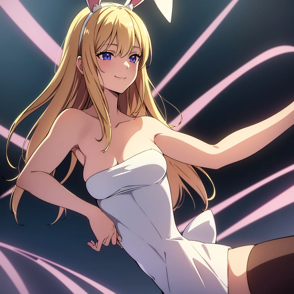 1_girl, solo, (masterpiece), (best quality), (detailed), light layer, 1solo girl, young girl, perfect body, blonde hair, defined chest, defined collarbone, ultra realistic, photorealistic, detailed, ,Enhance, wearing abunny outfir, fisnet stocking, bunny ears, nightclub background, smiling