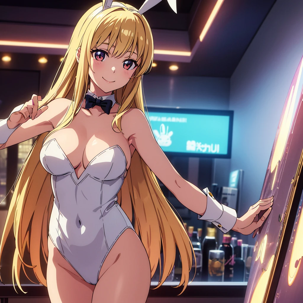 1_girl, solo, (masterpiece), (best quality), (detailed), light layer, 1solo girl, young girl, perfect body, blonde hair, defined chest, defined collarbone, ultra realistic, photorealistic, detailed, ,Enhance, wearing abunny outfir, fisnet stocking, bunny ears, nightclub background, smiling