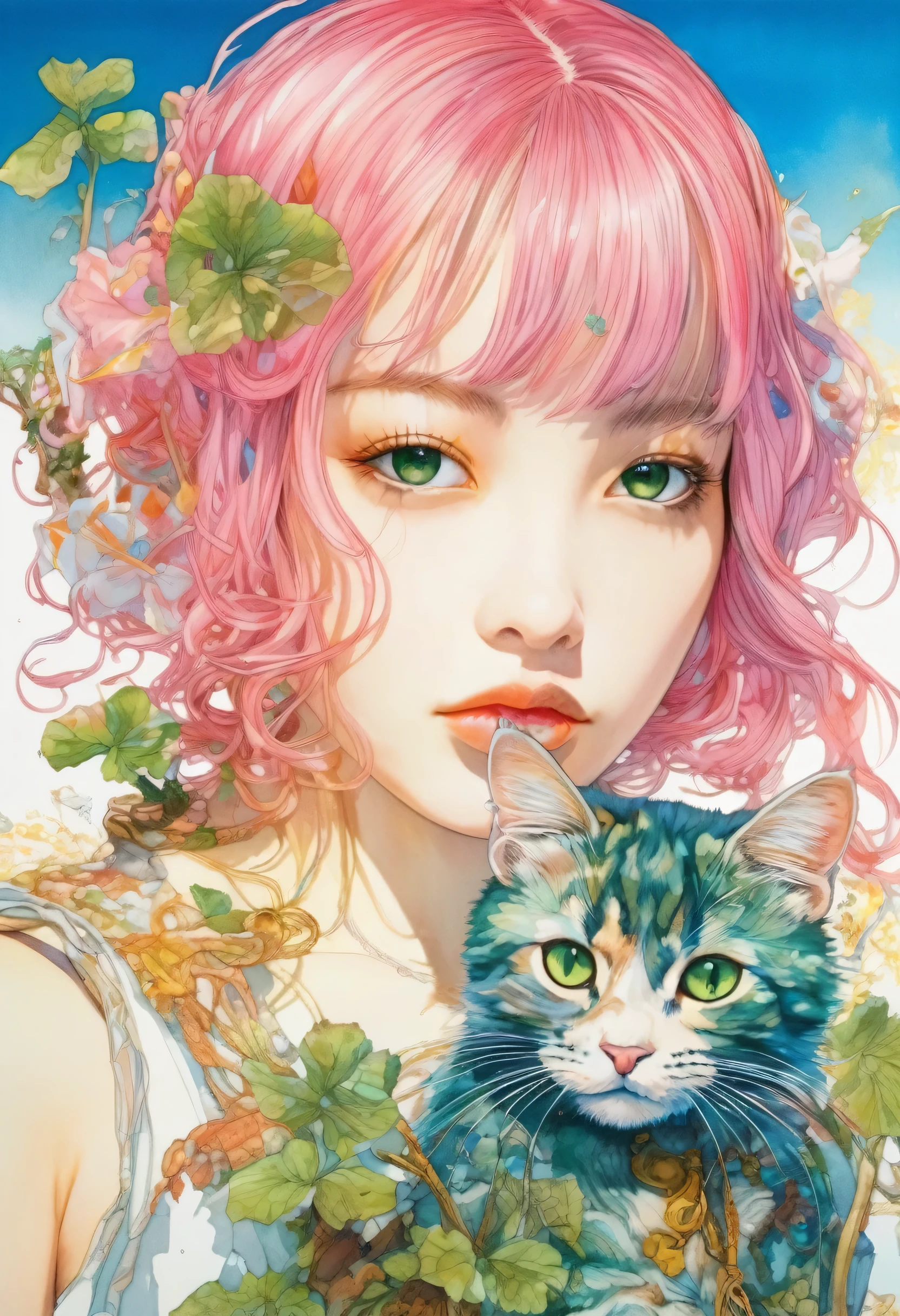 artwork:Katsuya Terada
8k, High resolution, A complex and intricate masterpiece, (Summer vacation:1.4), (Cat and girl:1.1), transparent, Sparkling blue eyes, Calico cat with pink eyes, Medium Shot, Green Hair, Organic Shapes, Hard Edge, Anatomically correct body, Ultra-realistic, Cat elegant,Cinema Lighting, Very detailed, Vibrant colors, Octane Rendered Cat, Surreal atmosphere, Award-winning works, Bright and rich colors, iridescent accents, Dramatic Shadows,Dynamic and atmospheric lighting, Anamorphic Lens, Sharp focus,
An intricate and detailed masterpiece by Katsuya Terada, Katsuya Terada Style, Pop Surrealism, watercolor , Kanna Hashimoto
