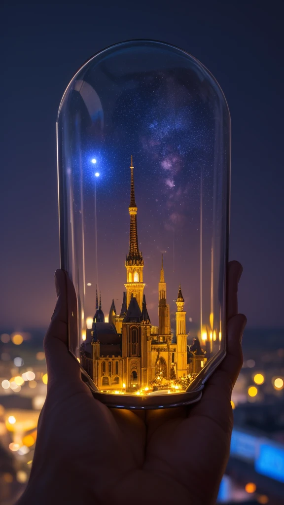 Glass dome, a woman holding it, illuminated mini fantasy city, light behind the woman, against light, hyper details, maximum resolution 32k ultra, UHD, masterpiece, exaggerated lights, 