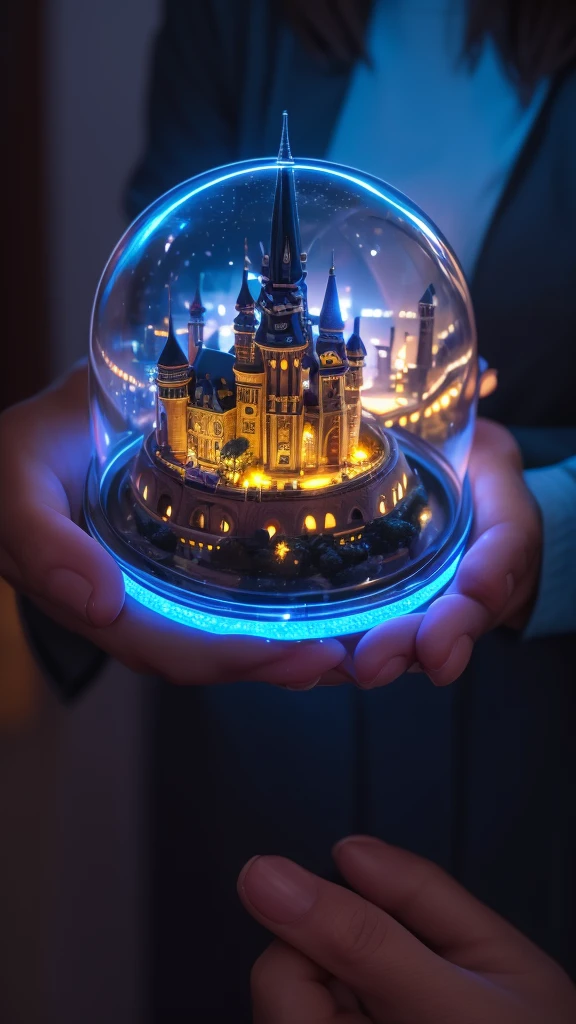 Glass dome, a woman holding it, illuminated mini fantasy city, light behind the woman, against light, hyper details, maximum resolution 32k ultra, UHD, masterpiece, exaggerated lights,
