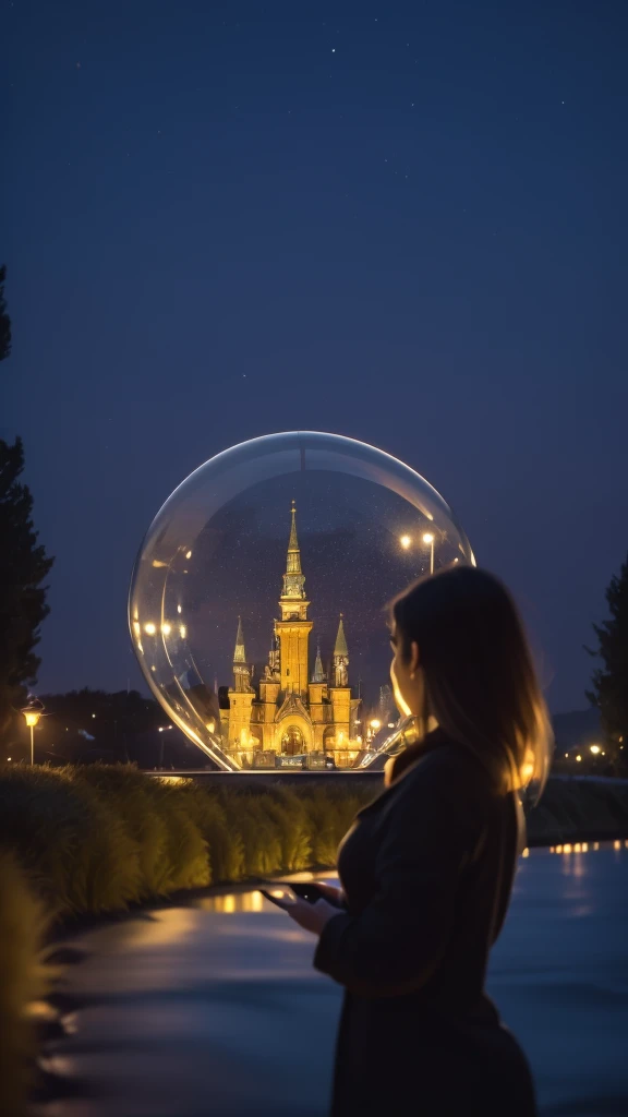 Glass dome, a woman holding it, illuminated mini fantasy city, light behind the woman, against light, hyper details, maximum resolution 32k ultra, UHD, masterpiece, exaggerated lights,
