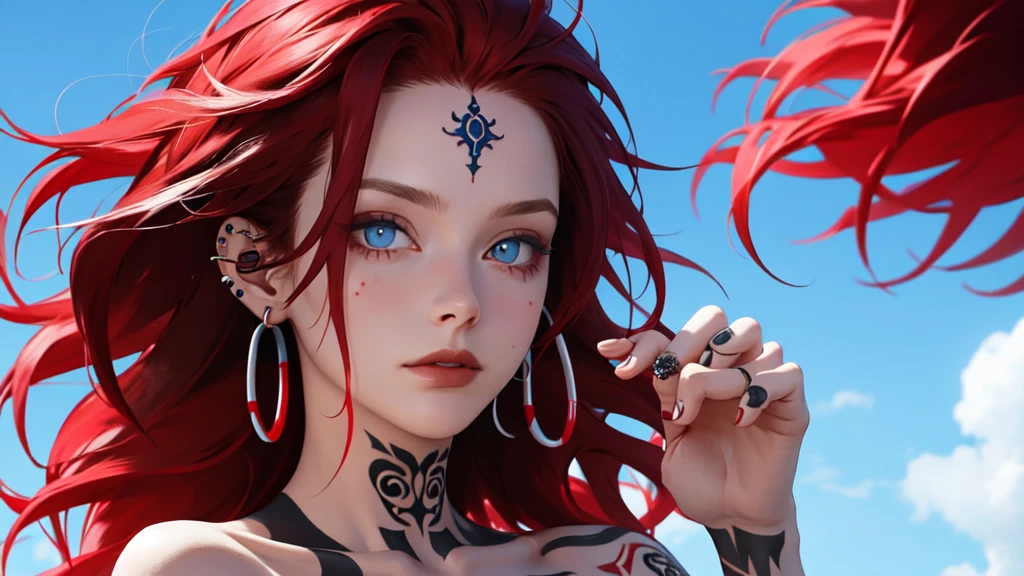 portrait blue sky background, woman with black and red hair, com tatuagem e piercing