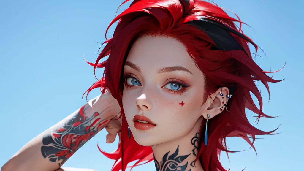 portrait blue sky background, woman with black and red hair, com tatuagem e piercing