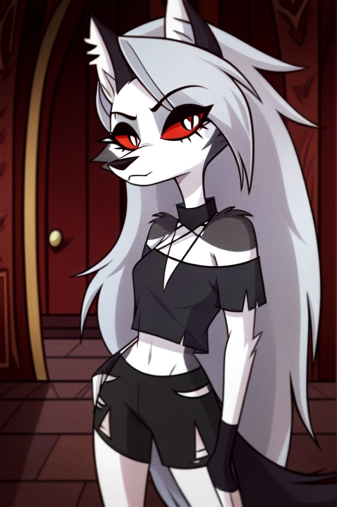 (Vivziepop style), anthro, canid, canid demon, demon, female, hellhound, helluva boss, instagram, (loona), mammal, midriff, official art, red sclera, safe content, shoulderless shirt, solo, long grey hair, (by vivzmind)
