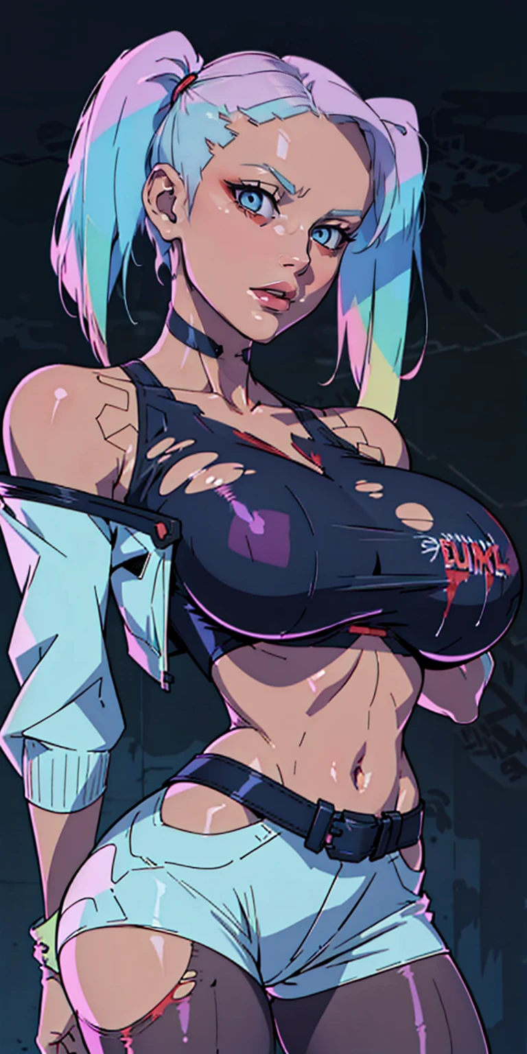 best quality,masterpiece,HDR,UHD,8K,masterpiece,Highly detailed,1girl,short hair,(upper body:1.1),detailed face,simple background,dress,medium size breasts,bare shoulders,girl,solo,blonde hair,twintails,jacket,short shorts,pantyhose,torn pantyhose,crop top,torn clothes,blood,clothes writing,makeup,blue eyes,eyeshadow,blue hair,midriff,navel,gloves,fishnets,multicolored clothes,belt,bracelet,spiked bracelet,multicolored hair,collar,graffiti, huge gigantic , big juicy lips, Harley Quinn white face make up,